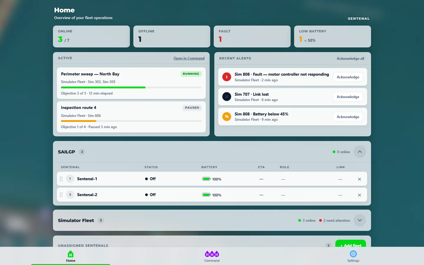 The Home screen: fleet status, active tasks and alerts