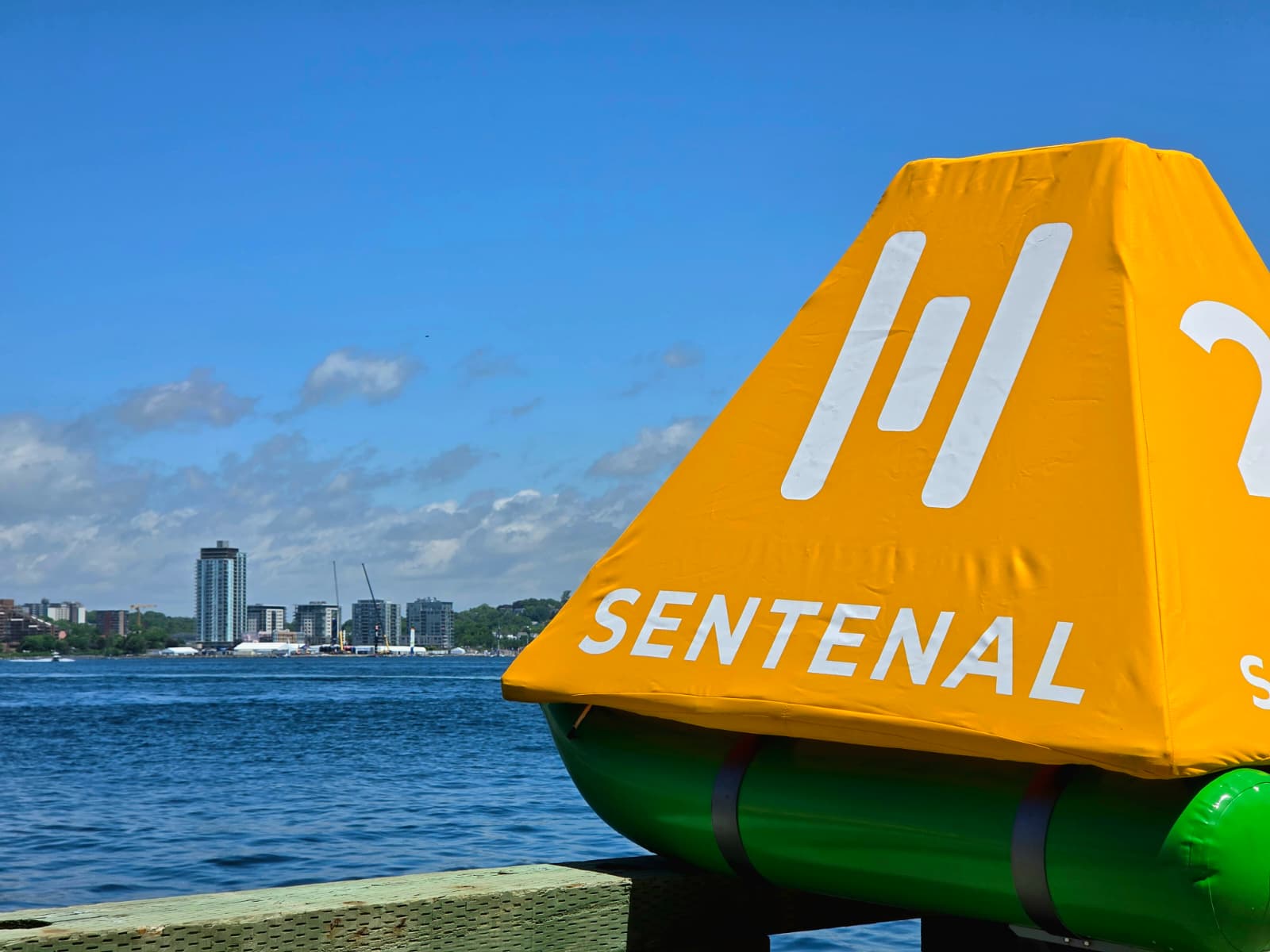 A Sentenal with an orange mark top on the dock, harbour behind